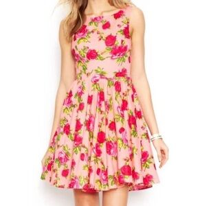 Betsey Johnson Retro Floral Rose Novelty Print Fit Flare Mini Dress Pink Size 2